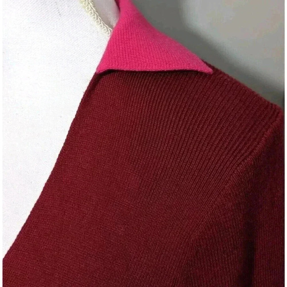 Naadam Burgundy Red Ribbed V Neck Collared Midi Dress Size Small Long Sleeve - Picture 6 of 8